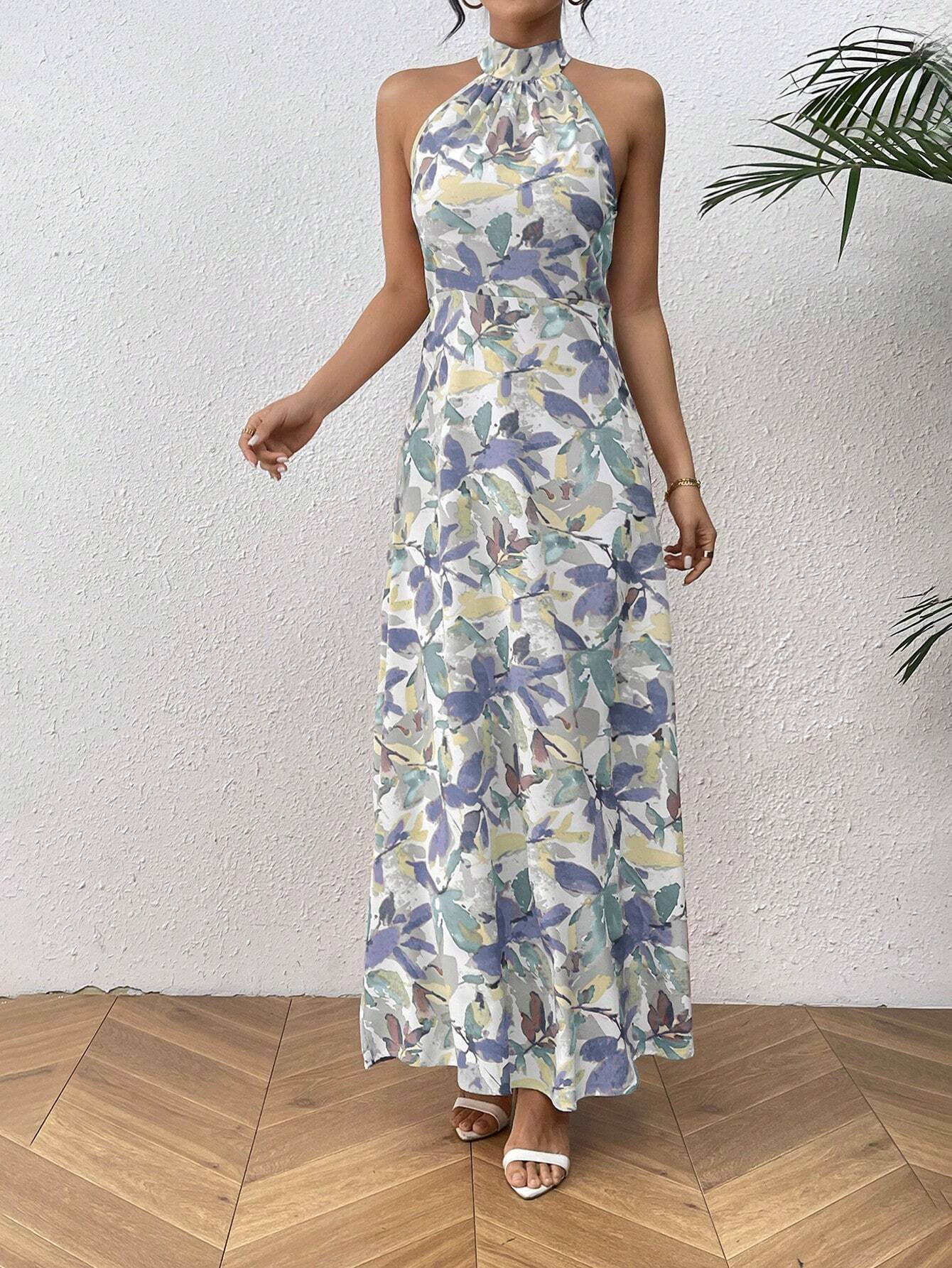 | SHEIN Frenchy Women Plant Printed Long Casual Halter Dress For Vacation | Dress | OneHub | OneHub