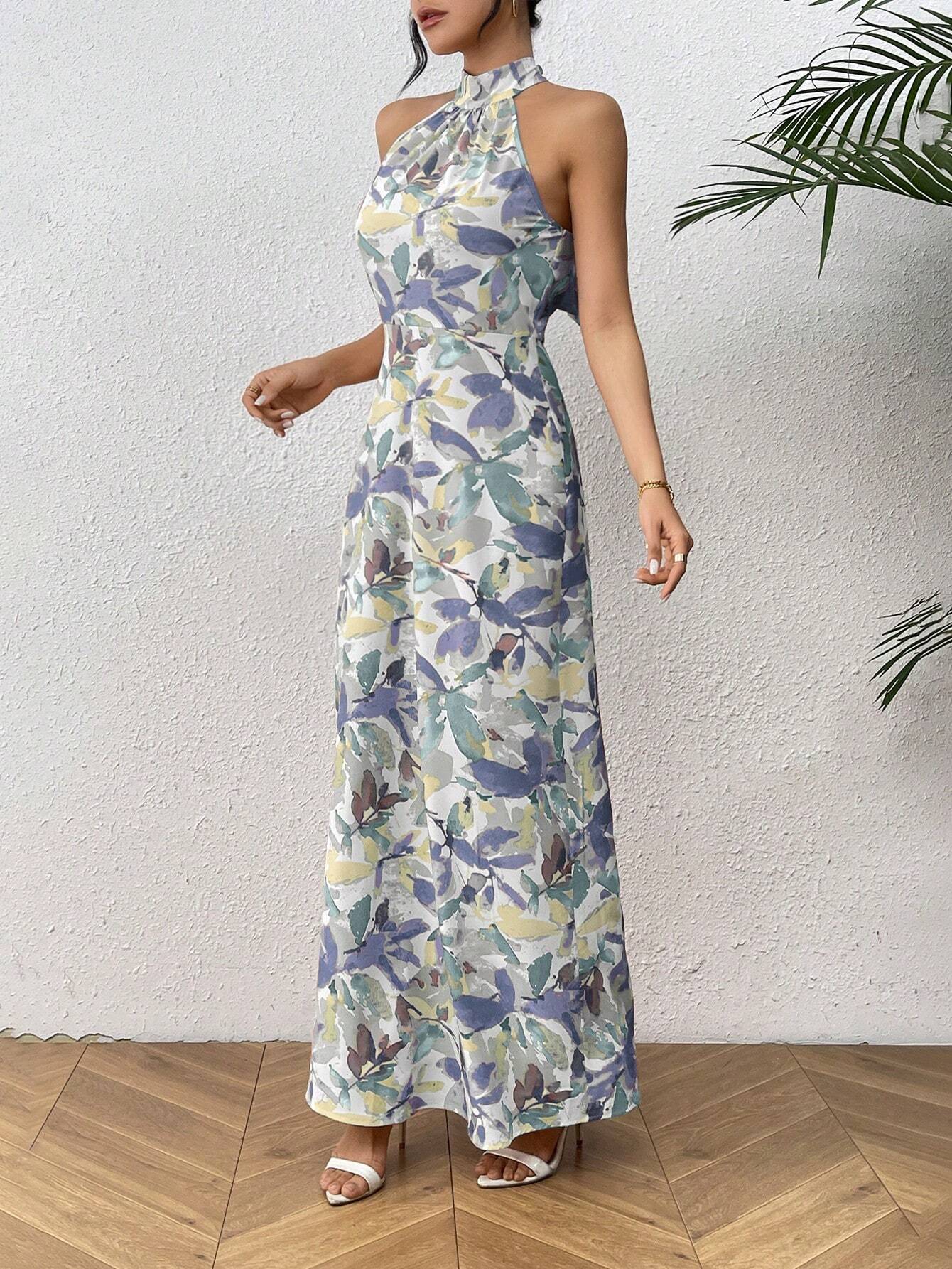  | SHEIN Frenchy Women Plant Printed Long Casual Halter Dress For Vacation | Dress | OneHub | OneHub