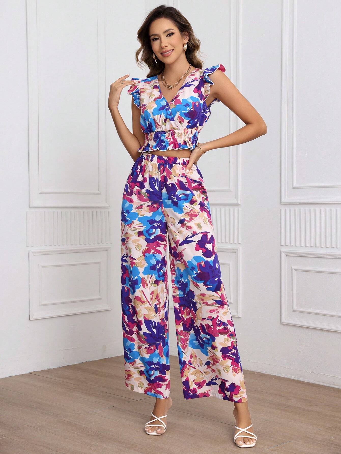  | SHEIN Frenchy Women's Flowers Printed Casual 2pcs/Set | Top and Pant Set | Shein | OneHub