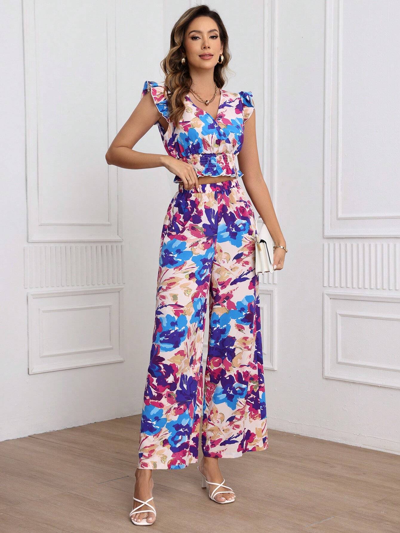  | SHEIN Frenchy Women's Flowers Printed Casual 2pcs/Set | Top and Pant Set | Shein | OneHub