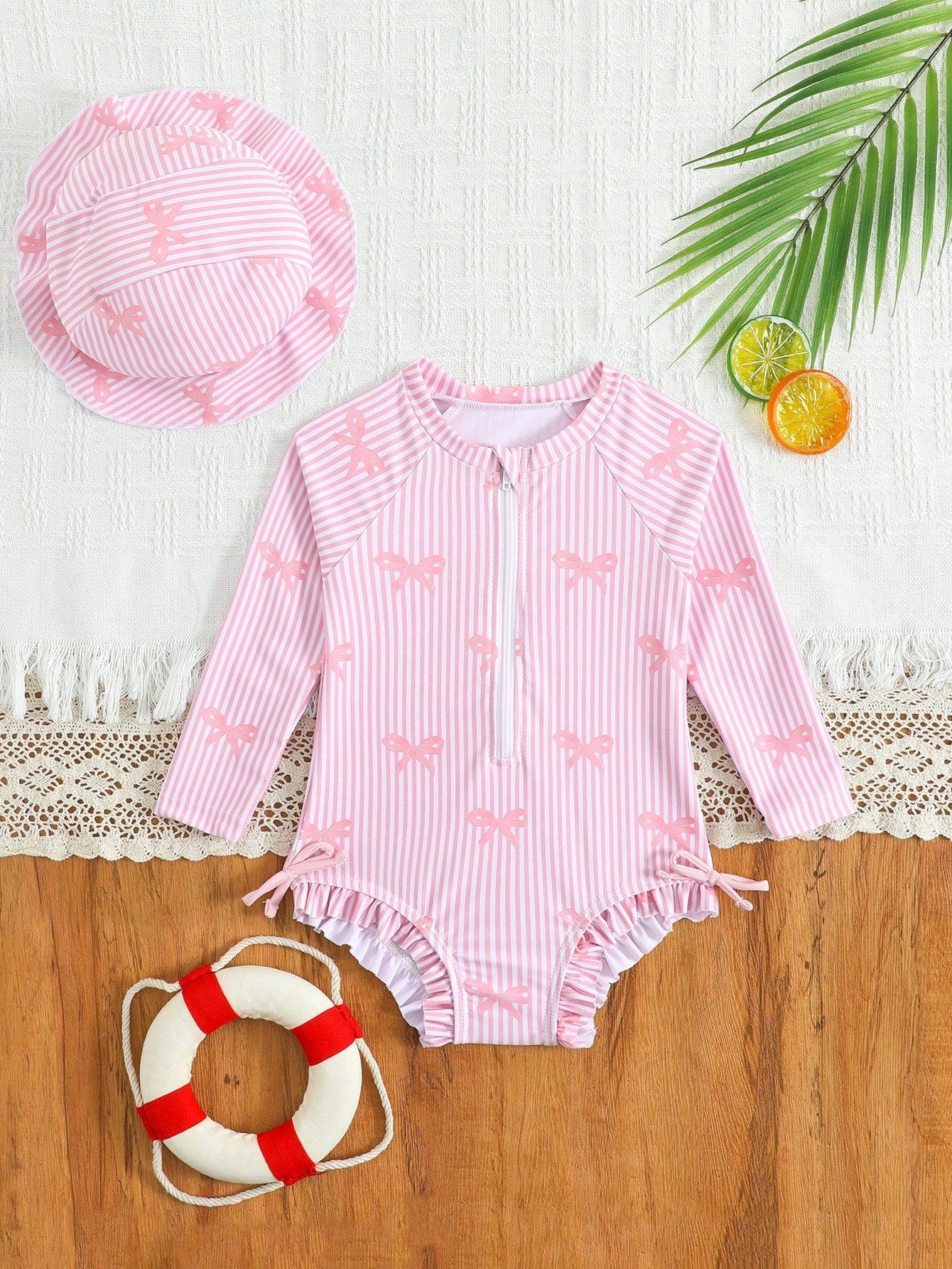 SHEIN GraphicGems 1-Piece Girls Bow Print Long Sleeve Swimsuit With Zipper, Includes Hat