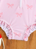 SHEIN GraphicGems 1-Piece Girls Bow Print Long Sleeve Swimsuit With Zipper, Includes Hat
