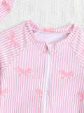 SHEIN GraphicGems 1-Piece Girls Bow Print Long Sleeve Swimsuit With Zipper, Includes Hat