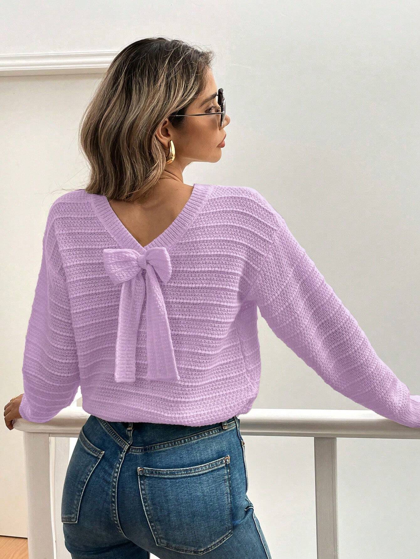 SHEIN LUNE 1pc Women's Solid Color Bow Decor Drop Shoulder Long Sleeve Casual Pullover Sweater, Autumn/Winter,Long Sleeve Tops Knit Pullover Fall Outfit