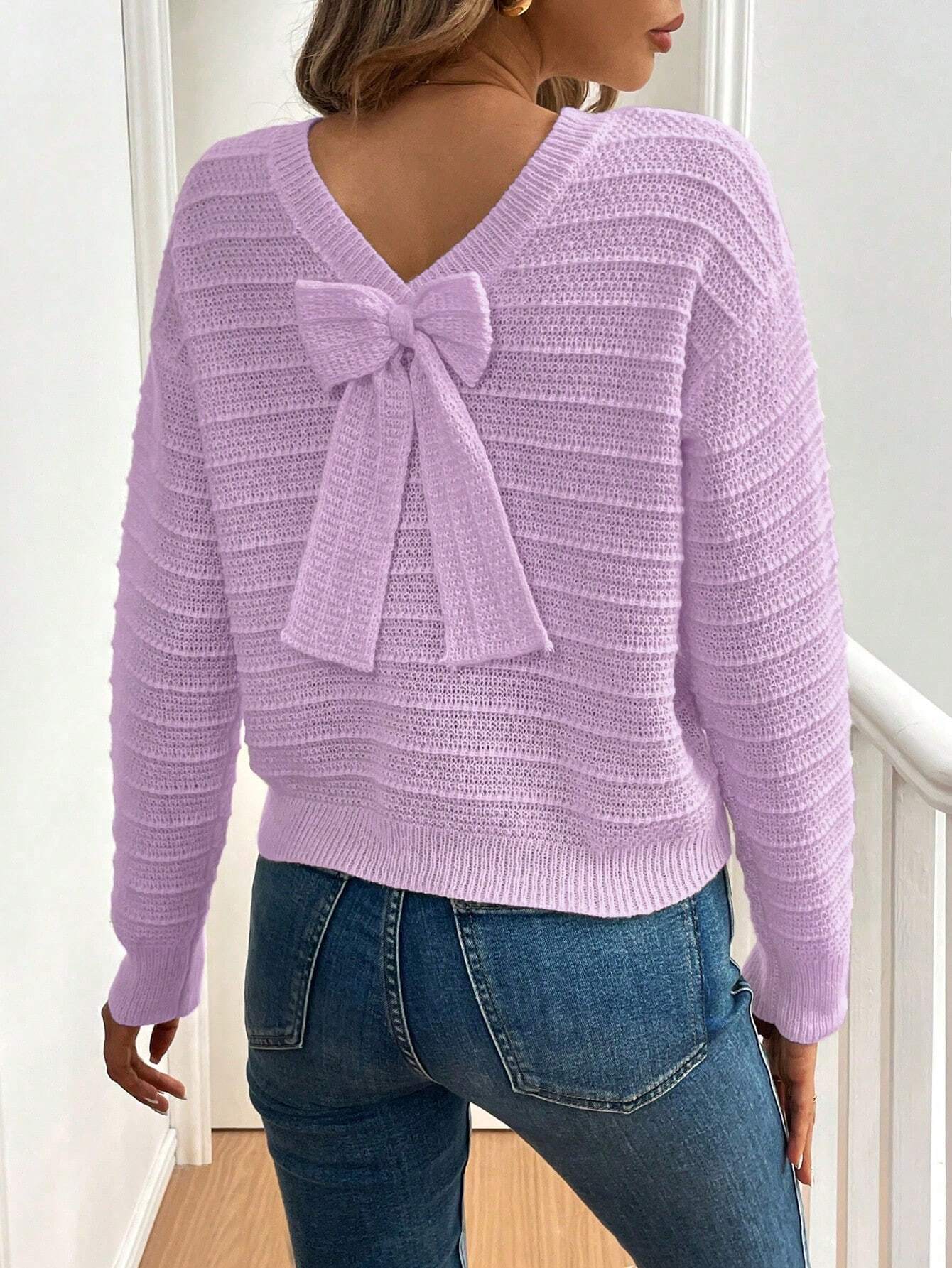 SHEIN LUNE 1pc Women's Solid Color Bow Decor Drop Shoulder Long Sleeve Casual Pullover Sweater, Autumn/Winter,Long Sleeve Tops Knit Pullover Fall Outfit