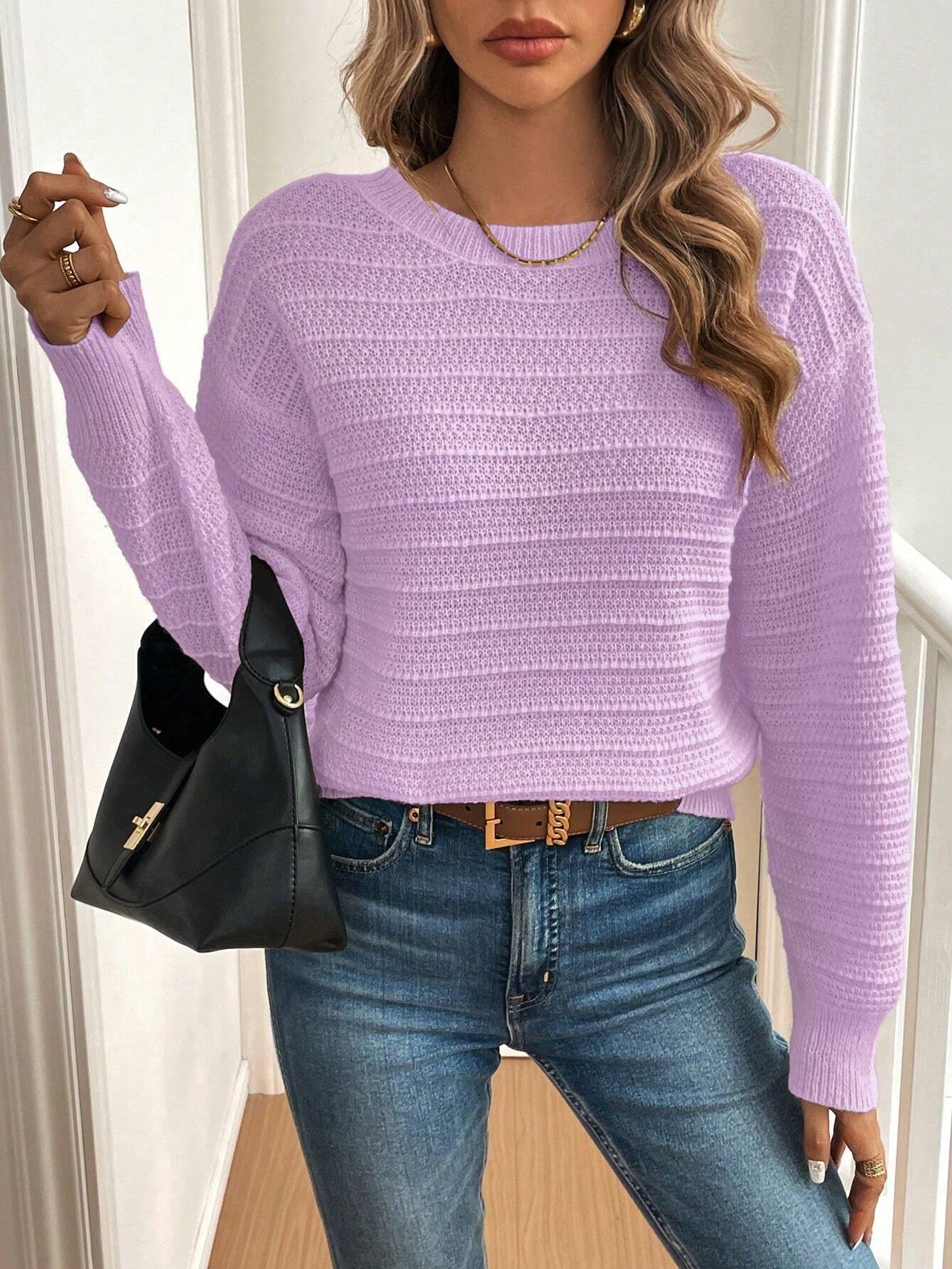 SHEIN LUNE 1pc Women's Solid Color Bow Decor Drop Shoulder Long Sleeve Casual Pullover Sweater, Autumn/Winter,Long Sleeve Tops Knit Pullover Fall Outfit