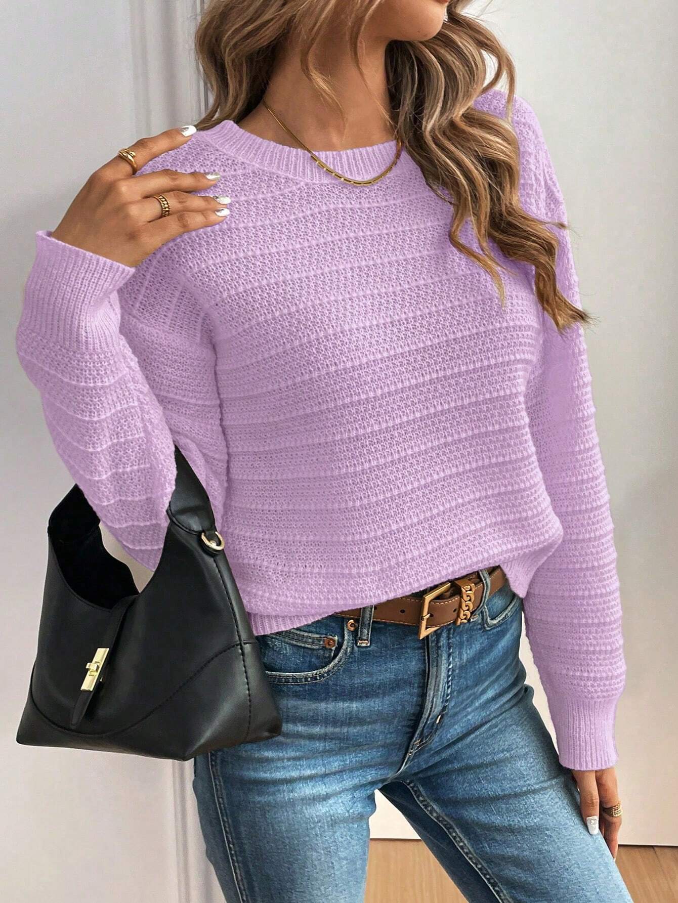SHEIN LUNE 1pc Women's Solid Color Bow Decor Drop Shoulder Long Sleeve Casual Pullover Sweater, Autumn/Winter,Long Sleeve Tops Knit Pullover Fall Outfit