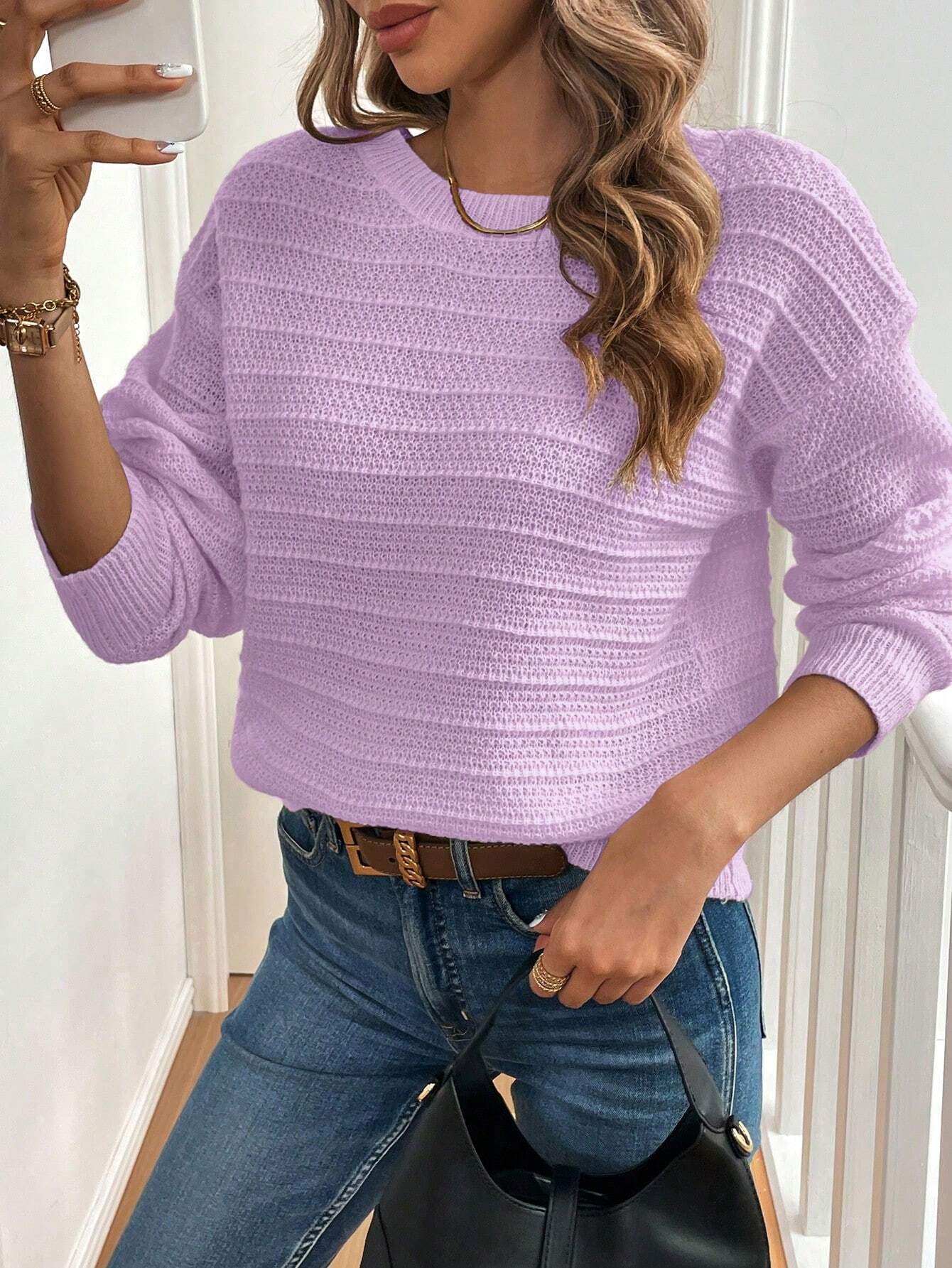 SHEIN LUNE 1pc Women's Solid Color Bow Decor Drop Shoulder Long Sleeve Casual Pullover Sweater, Autumn/Winter,Long Sleeve Tops Knit Pullover Fall Outfit