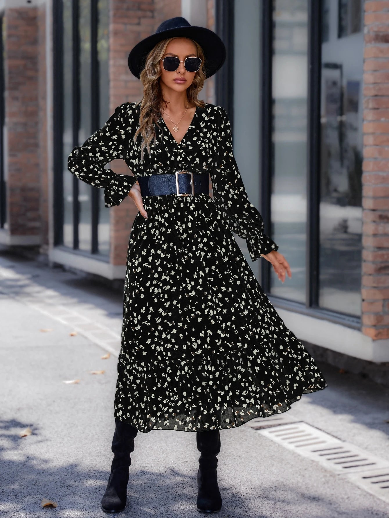  | SHEIN LUNE Allover Print Flounce Sleeve Ruffle Hem Dress Without Belt Maxi Women Outfit | Dress | Shein | OneHub