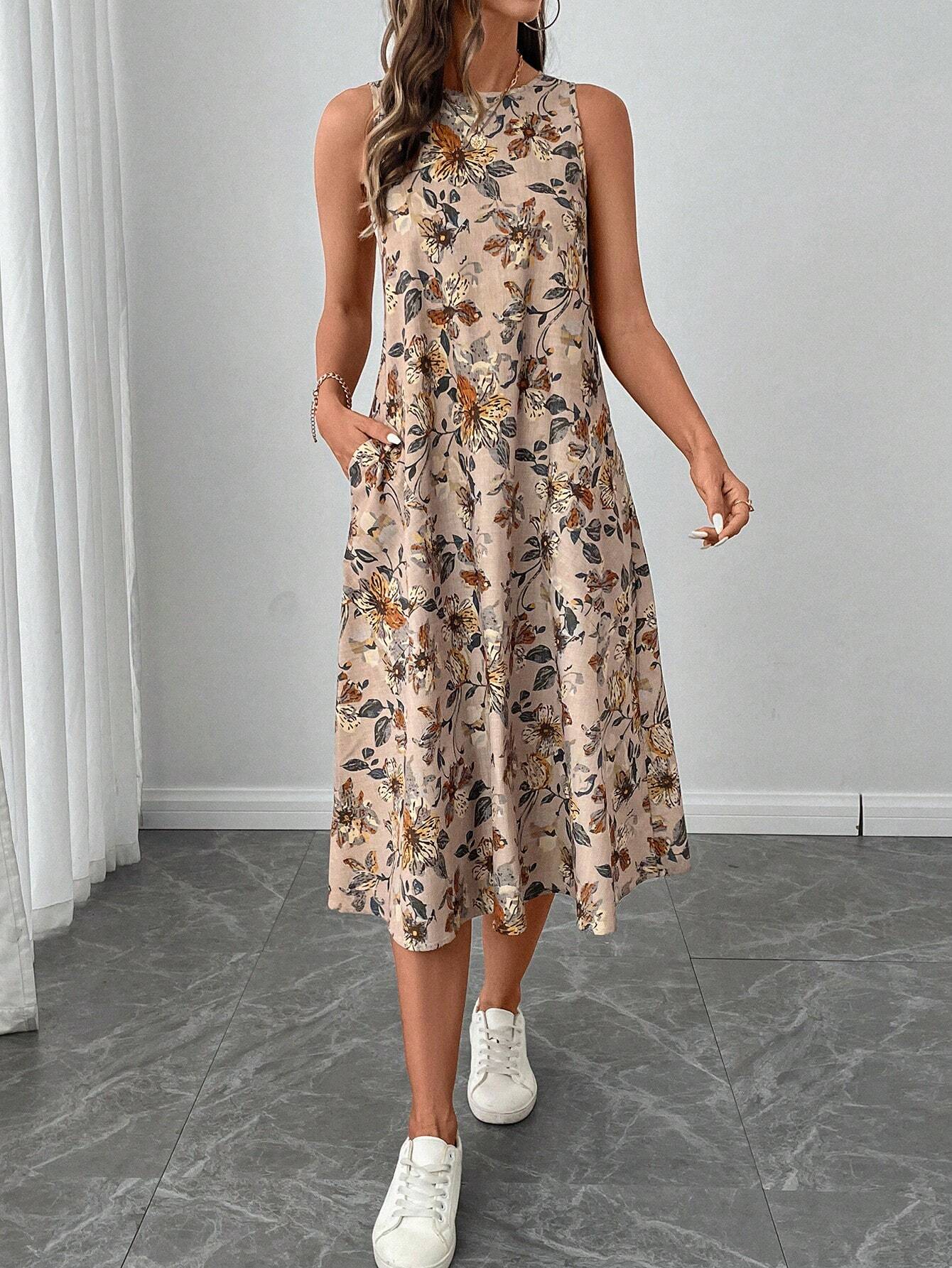 SHEIN LUNE Crew Neck Sleeveless Floral Print A-Line Midi Dress | Dress | OneHub SHEIN LUNE Crew Neck Sleeveless Floral Print A-Line Midi Dress | Dress | OneHub
