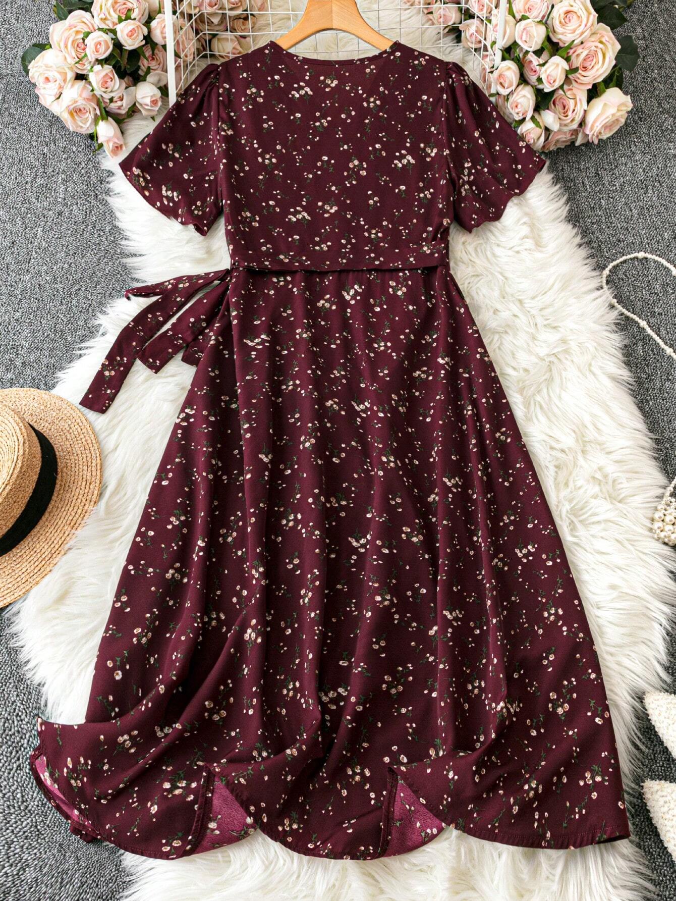  | SHEIN LUNE Cross-Wrap Thigh High Slit Cinched Floral Dress For Women Burgundy Color Women Outfit | Dress | Shein | OneHub