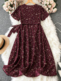  | SHEIN LUNE Cross-Wrap Thigh High Slit Cinched Floral Dress For Women Burgundy Color Women Outfit | Dress | Shein | OneHub