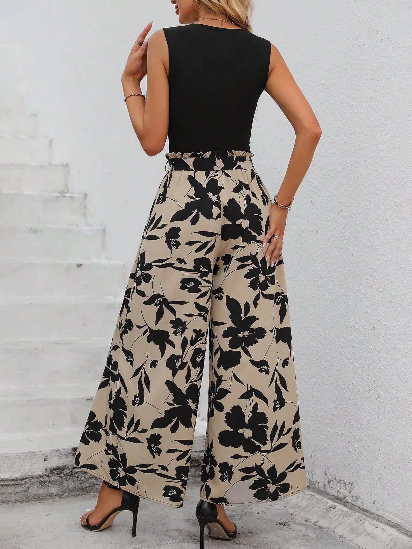  | SHEIN LUNE Solid Tank Top & Floral Print Wide Leg Pants | Top and Pant Set | Shein | OneHub