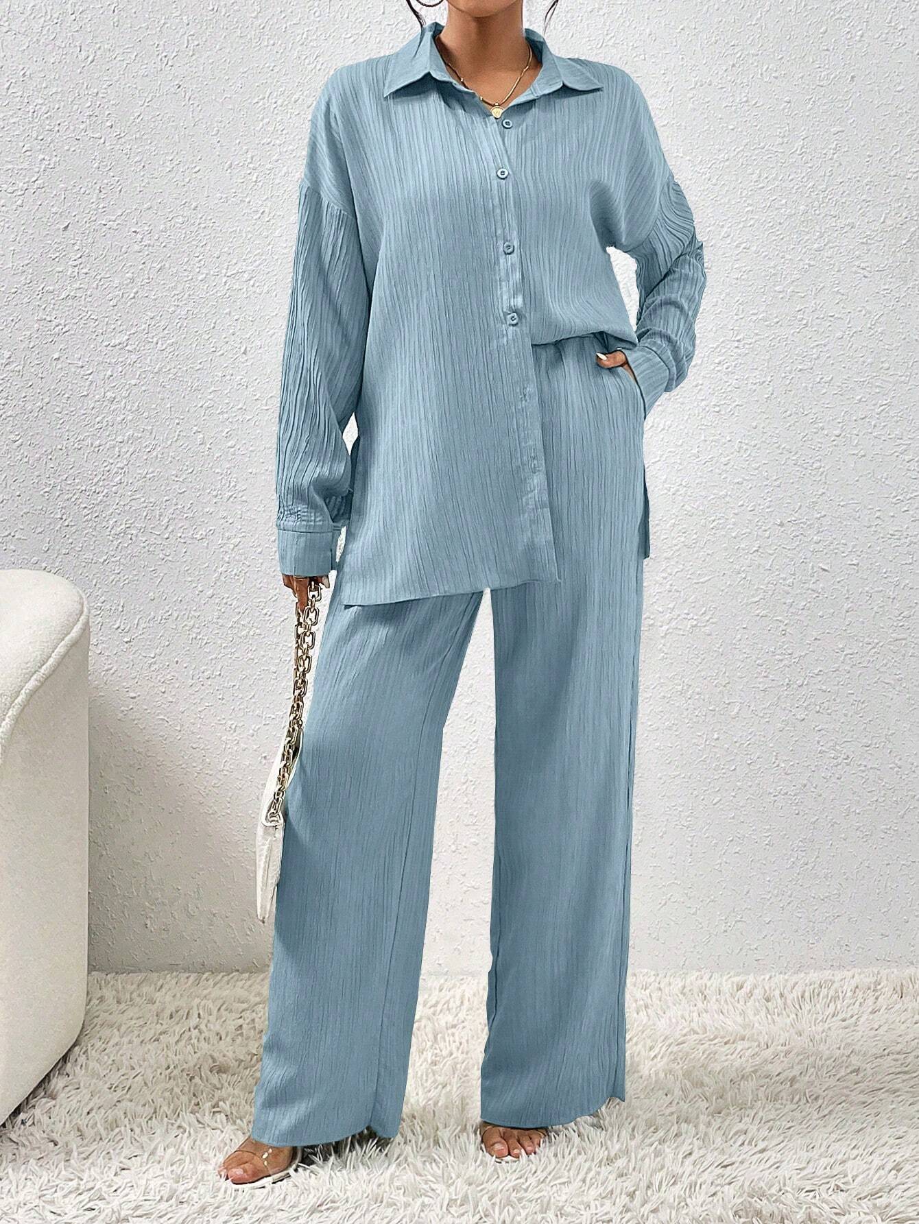  | SHEIN LUNE Women Solid Color Simple Daily Long-Sleeved Shirt And Trousers Two-Piece Set | Dress | OneHub | OneHub