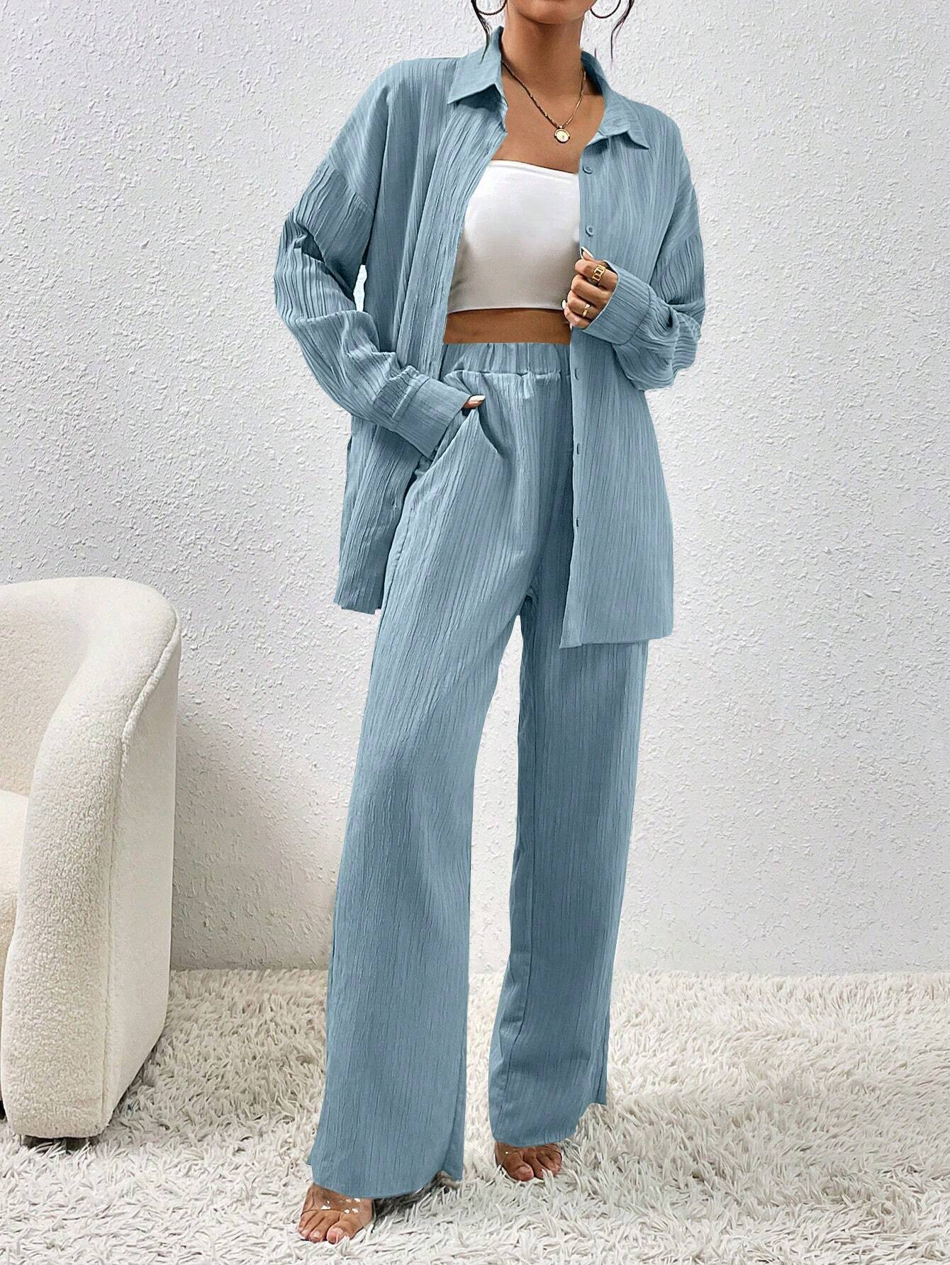  | SHEIN LUNE Women Solid Color Simple Daily Long-Sleeved Shirt And Trousers Two-Piece Set | Dress | OneHub | OneHub