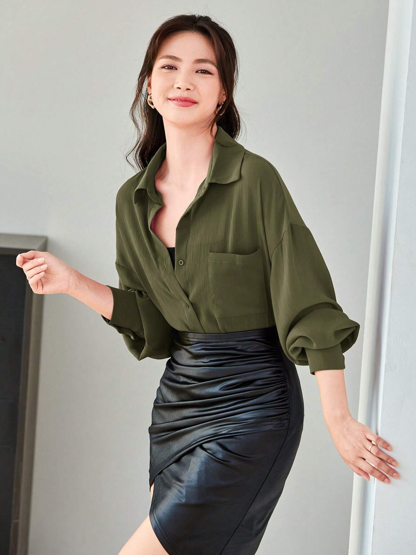  | SHEIN LUNE Women Spring/Summer Casual Solid Color Loose Fit Drop-Shoulder Shirt | T-shirt | Shein | OneHub