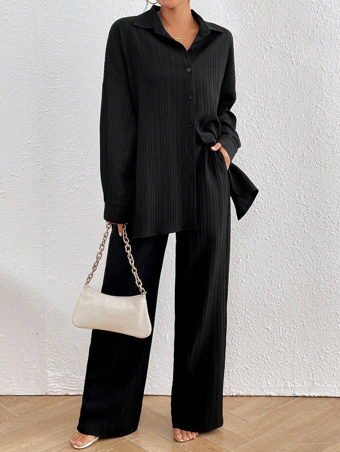  | SHEIN LUNE Women's Loose Fit Drop-Shoulder Long Sleeve Shirt And Trousers Casual Two-Piece Set, Spring/Summer | Dress | OneHub | OneHub