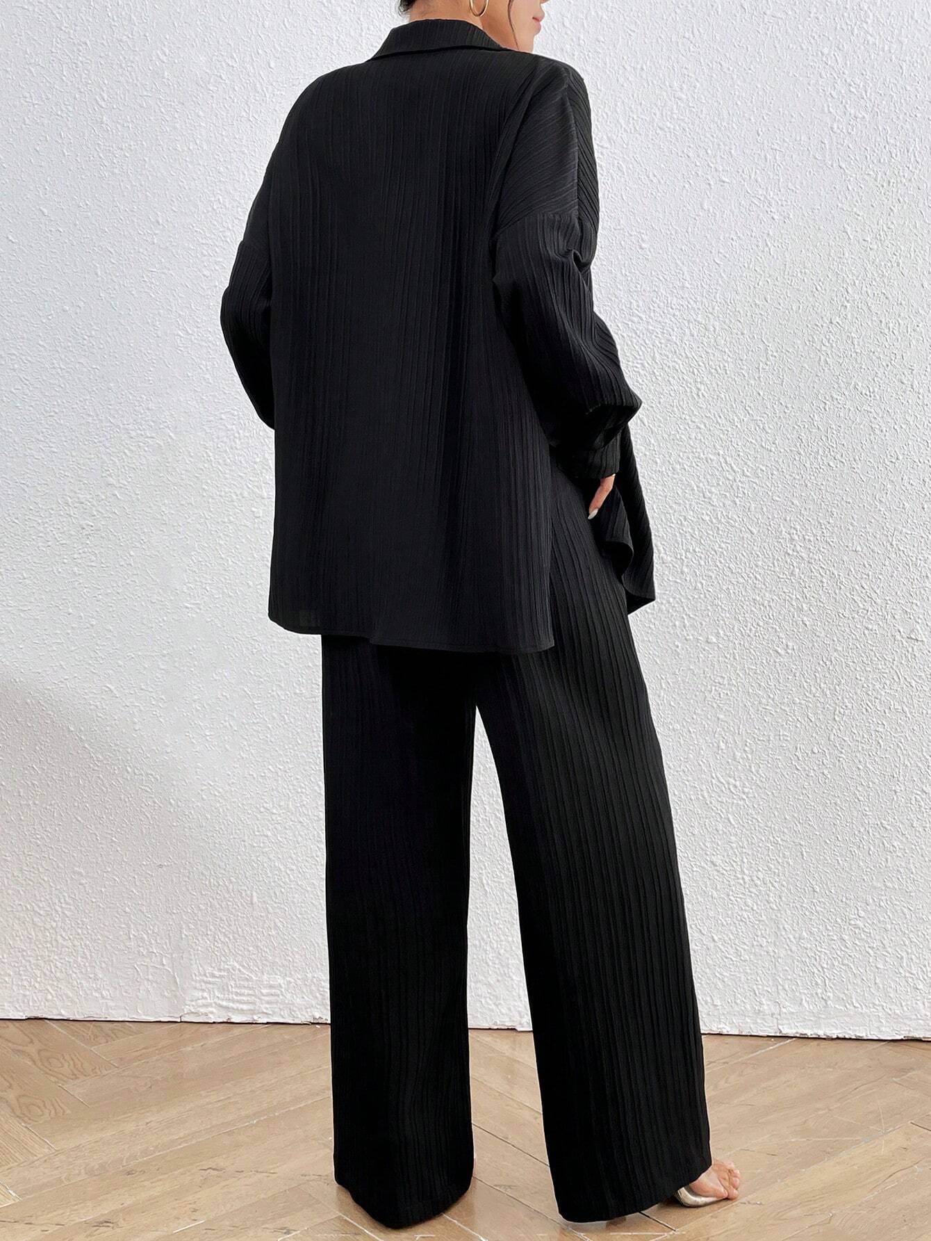  | SHEIN LUNE Women's Loose Fit Drop-Shoulder Long Sleeve Shirt And Trousers Casual Two-Piece Set, Spring/Summer | Dress | OneHub | OneHub