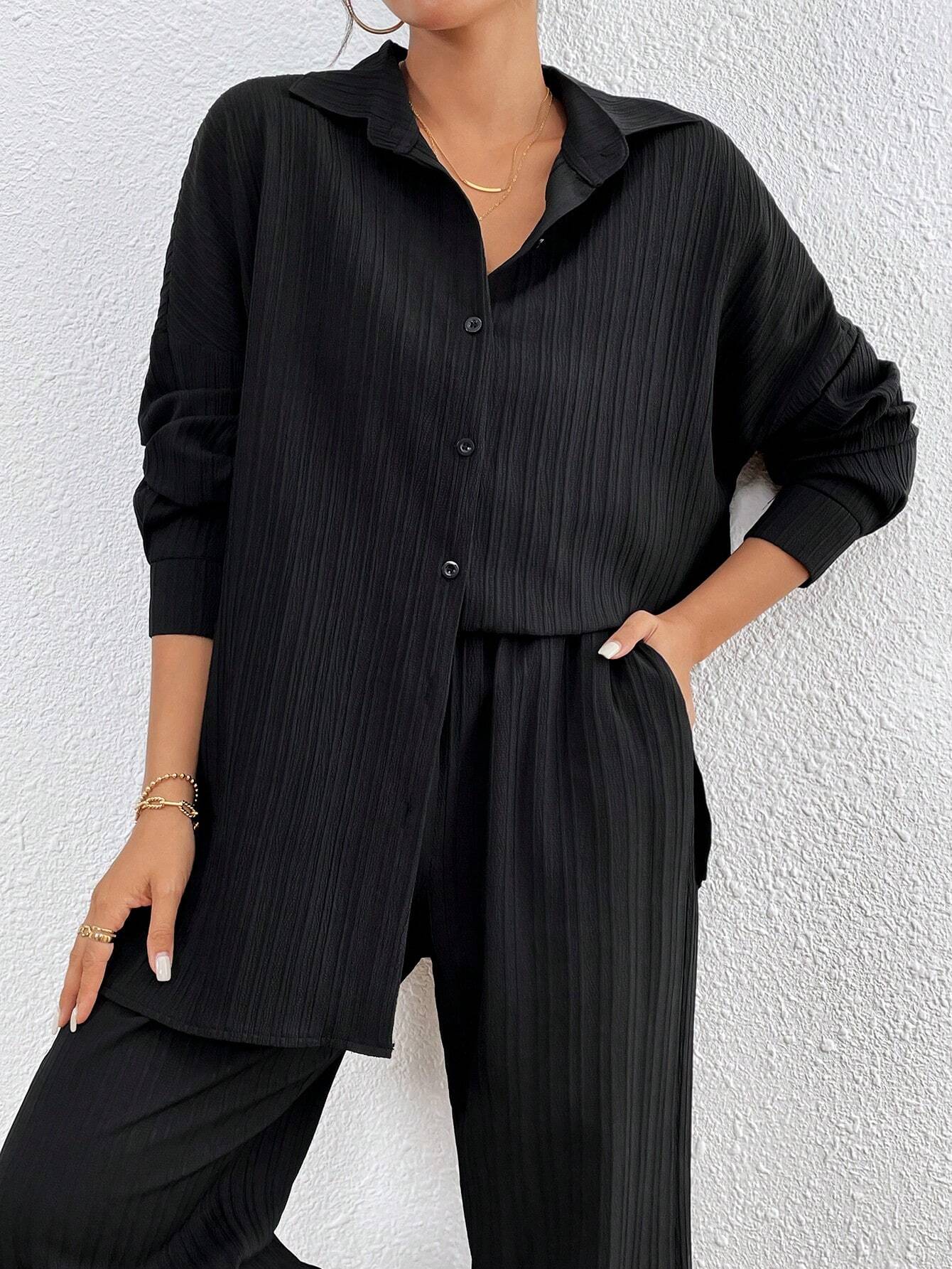  | SHEIN LUNE Women's Loose Fit Drop-Shoulder Long Sleeve Shirt And Trousers Casual Two-Piece Set, Spring/Summer | Dress | OneHub | OneHub