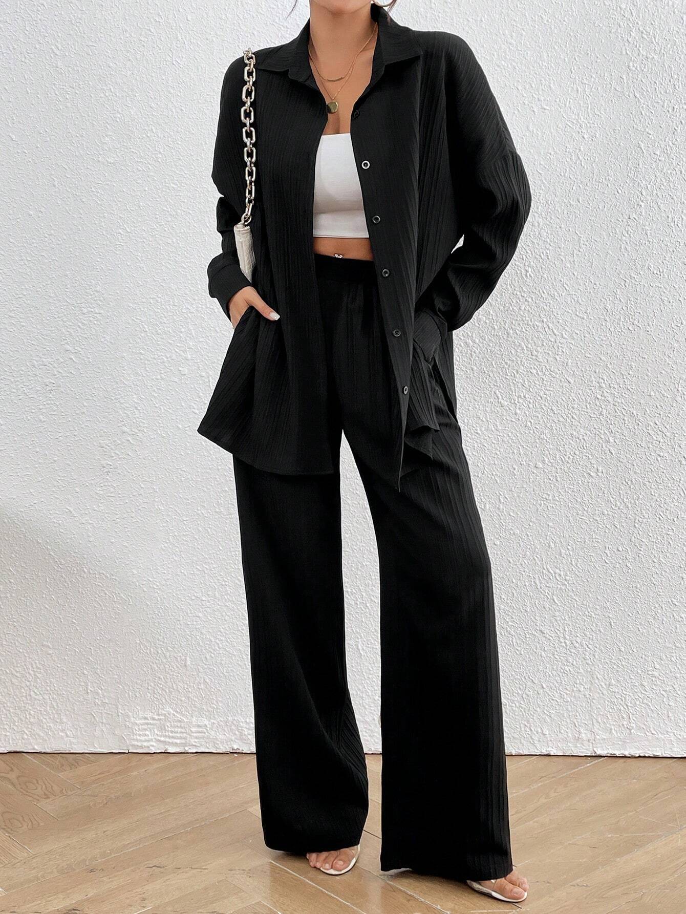  | SHEIN LUNE Women's Loose Fit Drop-Shoulder Long Sleeve Shirt And Trousers Casual Two-Piece Set, Spring/Summer | Dress | OneHub | OneHub