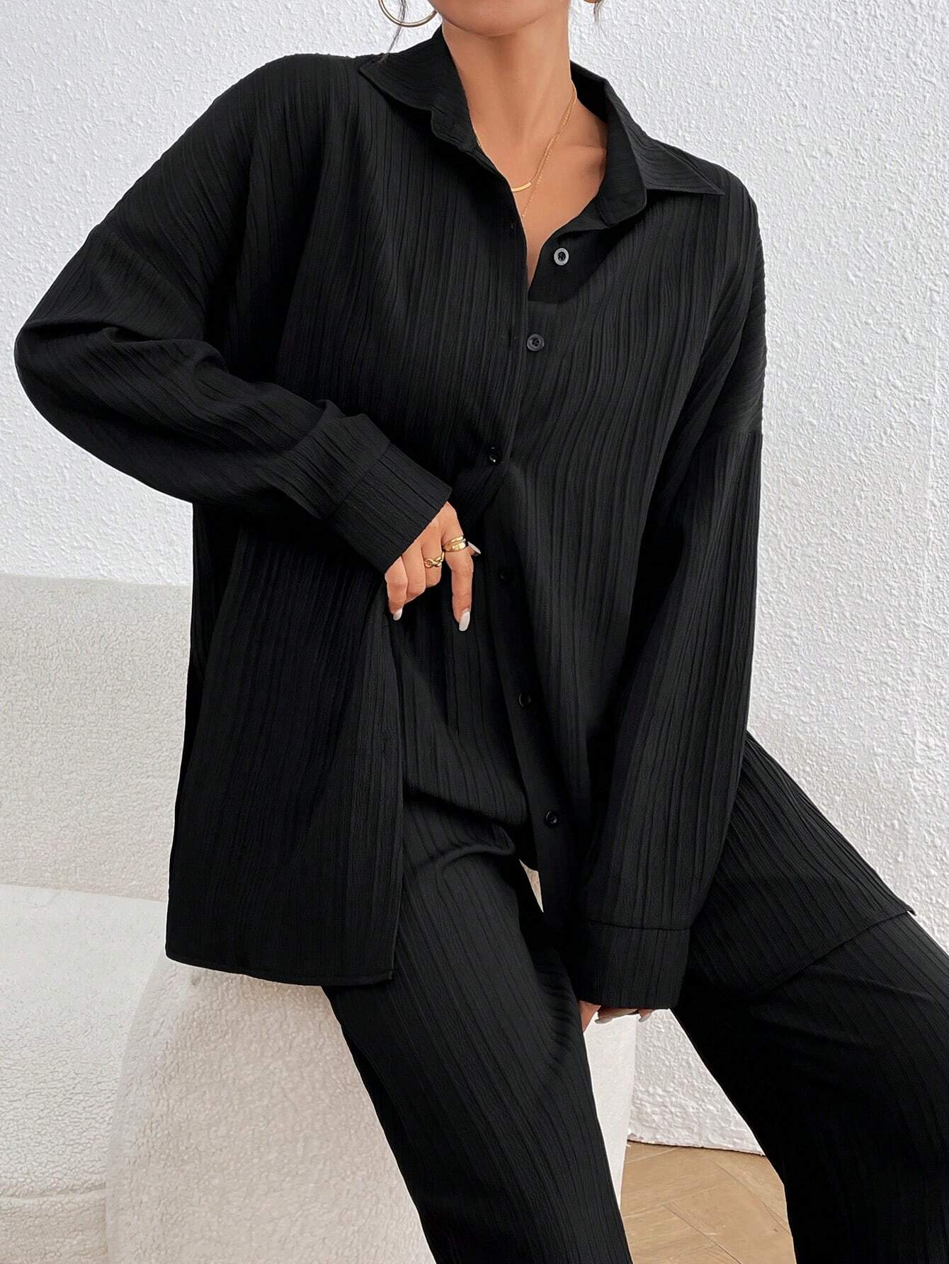  | SHEIN LUNE Women's Loose Fit Drop-Shoulder Long Sleeve Shirt And Trousers Casual Two-Piece Set, Spring/Summer | Dress | OneHub | OneHub