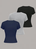 | SHEIN LUNE Women's Round Neck Short Sleeve Solid Color Casual Simple Fitted Blouse | Shirt | Shein | OneHub