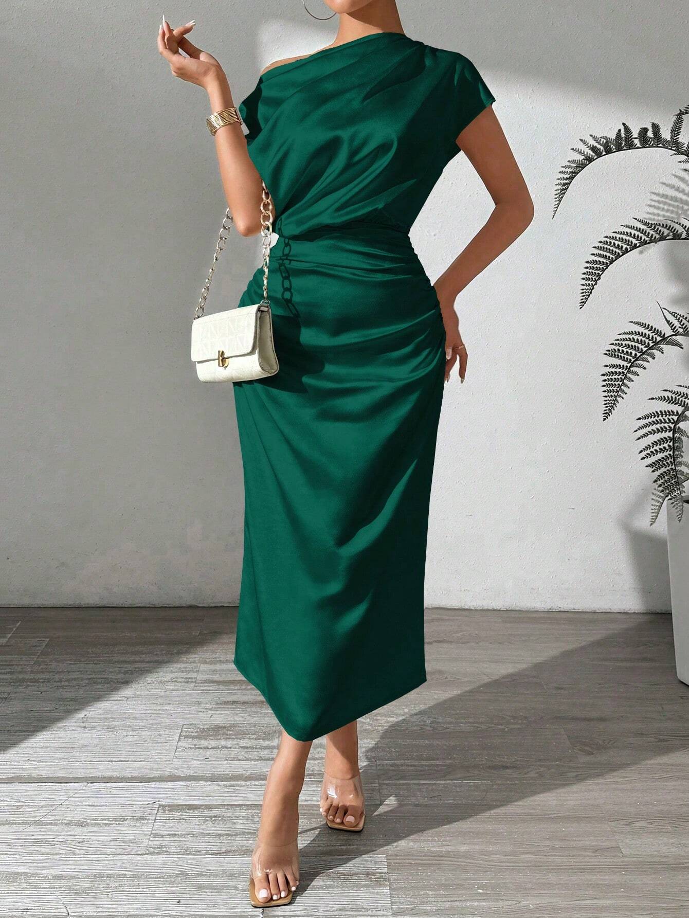 SHEIN LUNE Women's Summer Elegant Solid Color Asymmetric Neckline Cinc | Dress | OneHub SHEIN LUNE Women's Summer Elegant Solid Color Asymmetric Neckline Cinc | Dress | OneHub