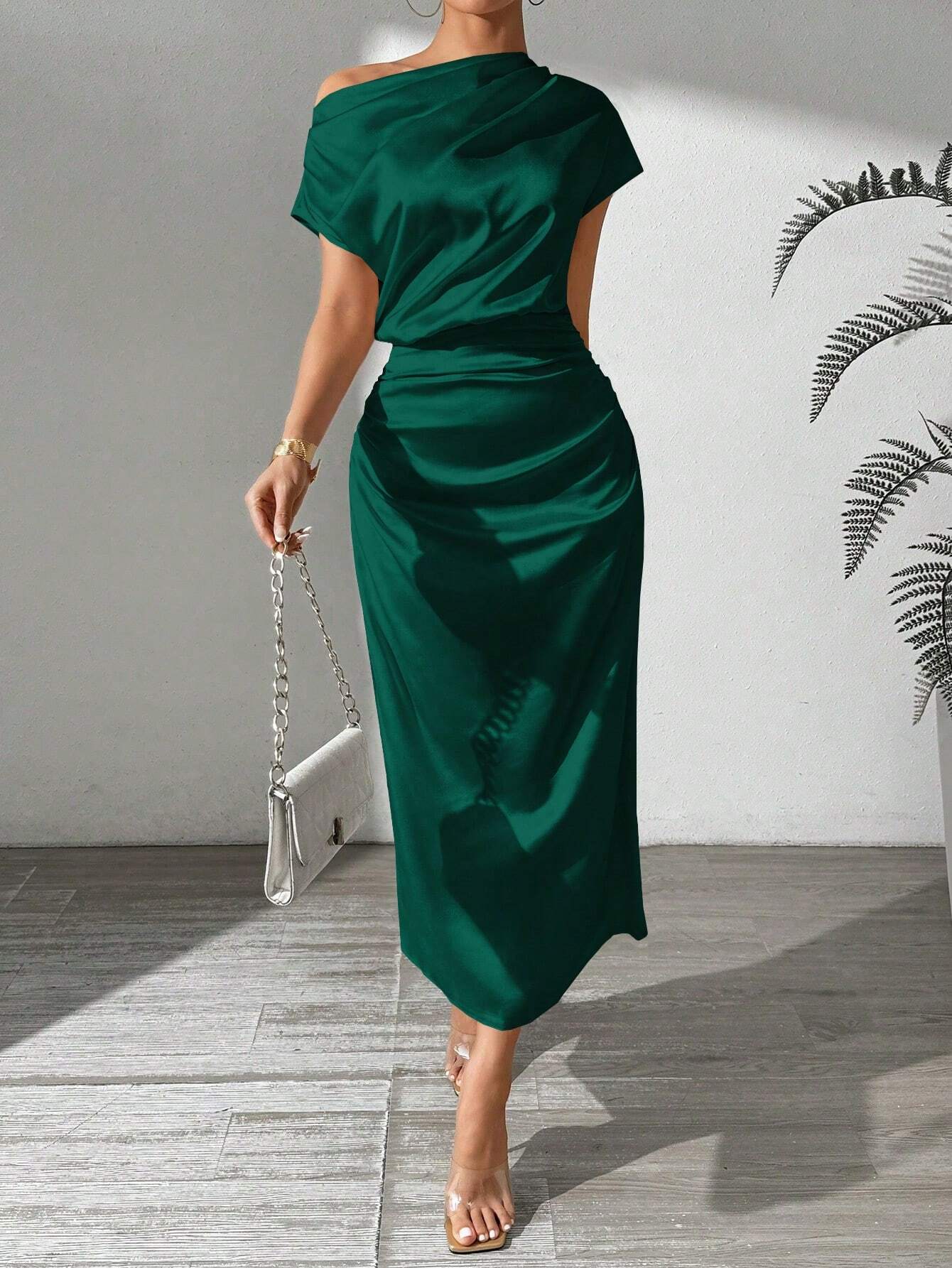  | SHEIN LUNE Women's Summer Elegant Solid Color Asymmetric Neckline Cinched Waist Dress Maxi Women Outfit | Dress | Shein | OneHub