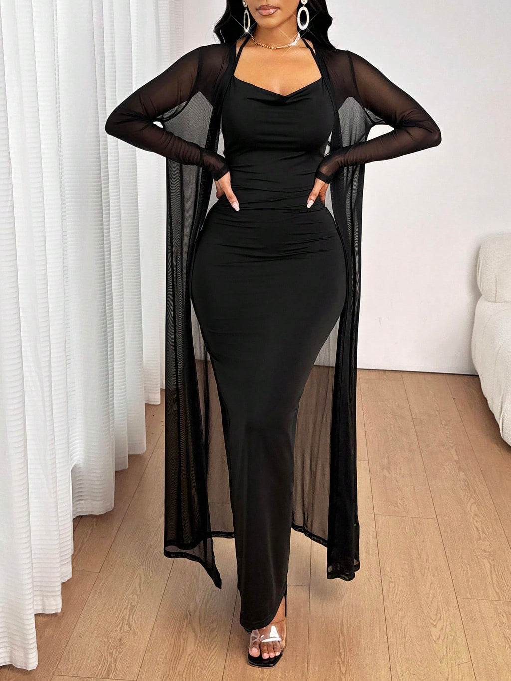 fitted lace wedding dress SHEIN Lady All Seasons Black Suit Long Sleeve Robe & V-Neck Dress Eleg |  Dress