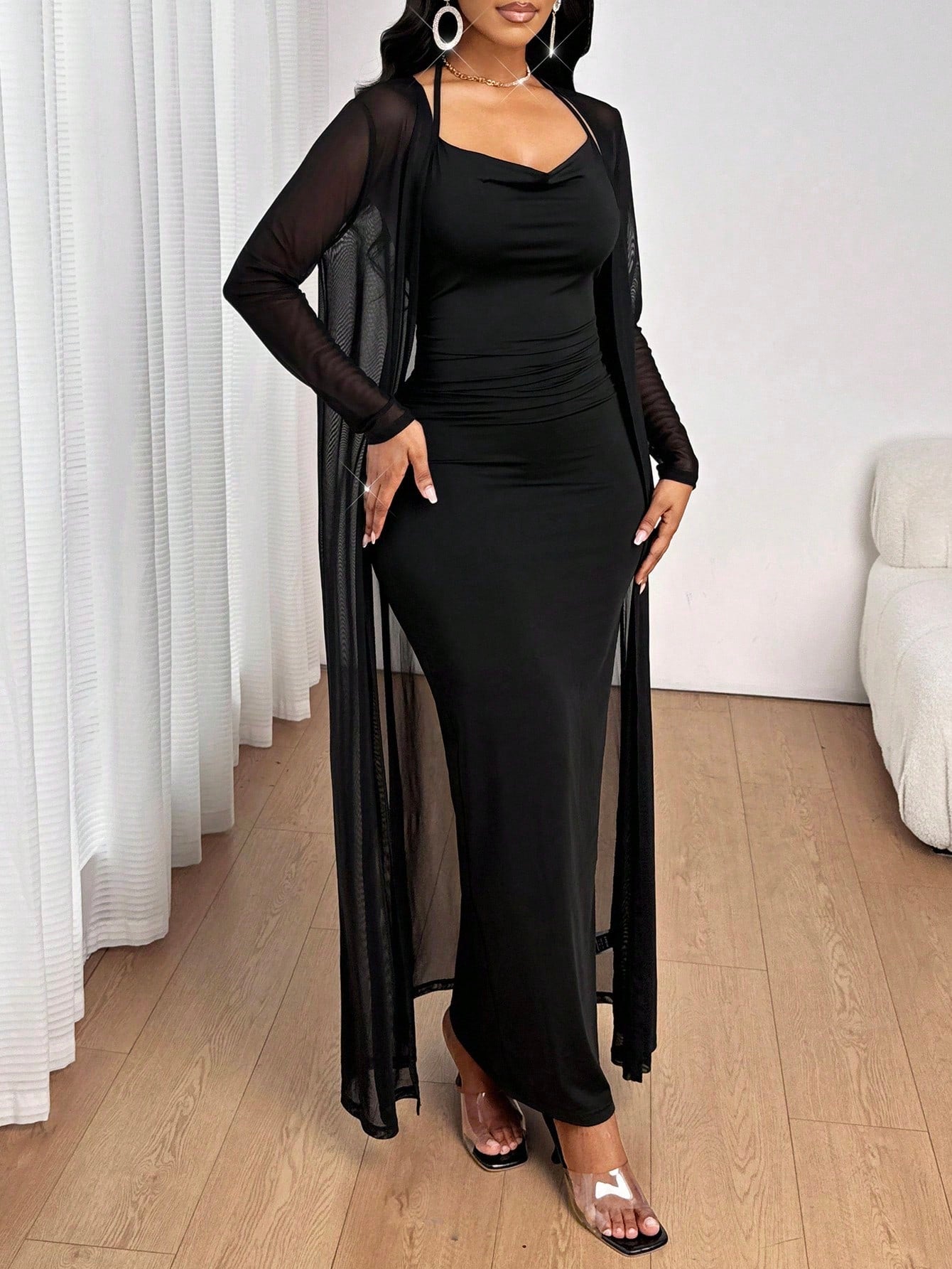 SHEIN Lady All Seasons Black Suit Long Sleeve Robe & V-Neck Dress Eleg | Dress | OneHub SHEIN Lady All Seasons Black Suit Long Sleeve Robe & V-Neck Dress Eleg | Dress | OneHub