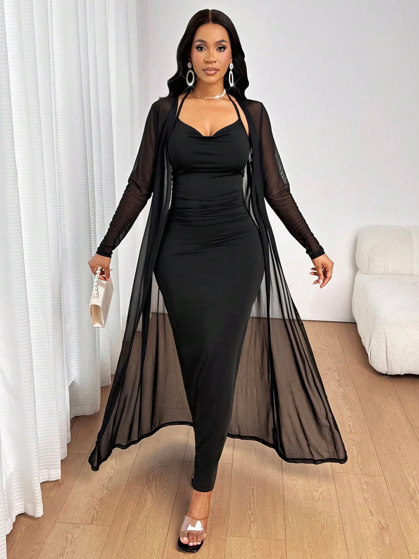 SHEIN Lady All Seasons Black Suit Long Sleeve Robe & V-Neck Dress Eleg | Dress | OneHub SHEIN Lady All Seasons Black Suit Long Sleeve Robe & V-Neck Dress Eleg | Dress | OneHub