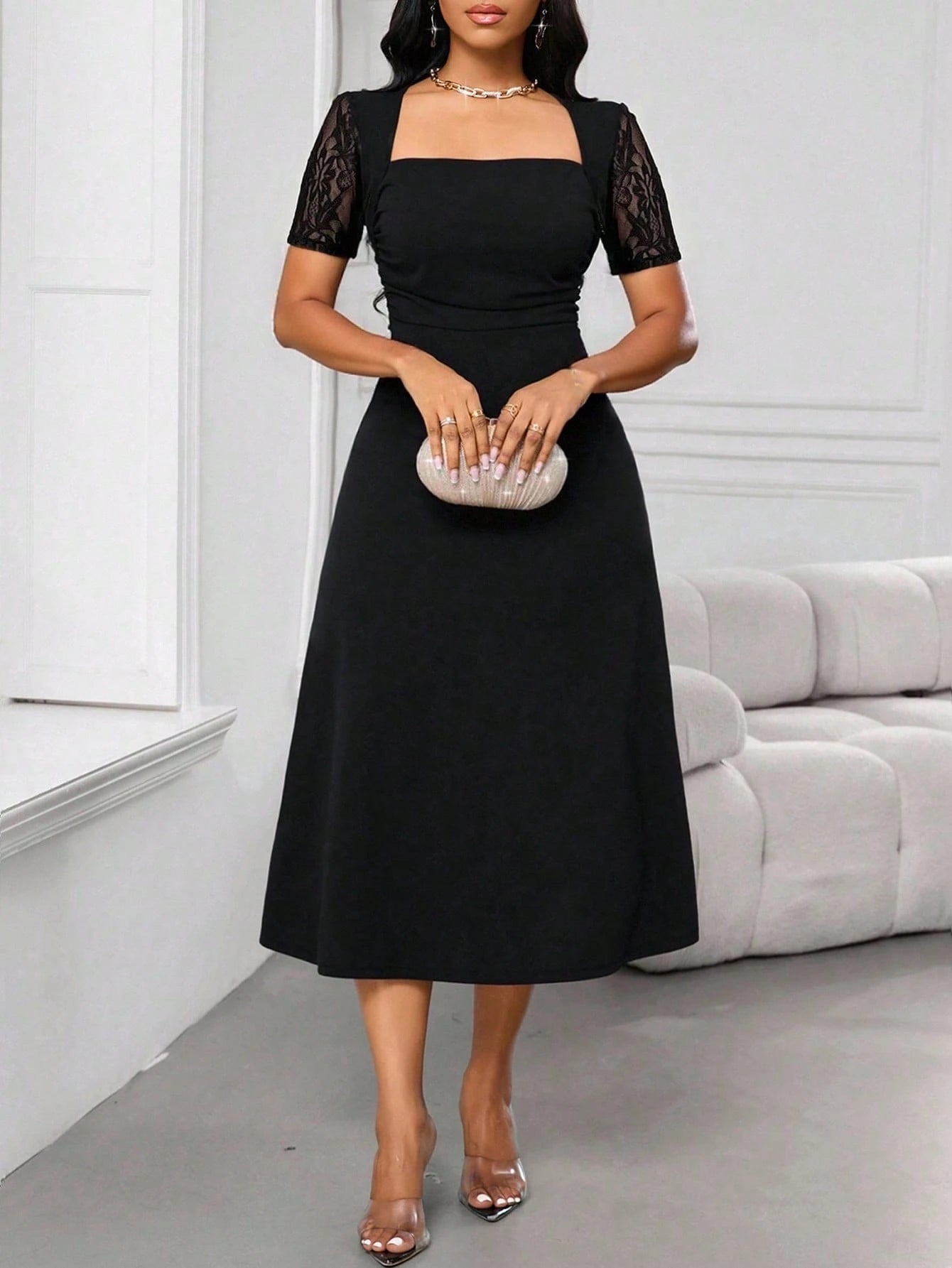 SHEIN Lady Lace Stitching Princess Neck Women's Dress Long Sleeve A He | Dress | OneHub SHEIN Lady Lace Stitching Princess Neck Women's Dress Long Sleeve A He | Dress | OneHub