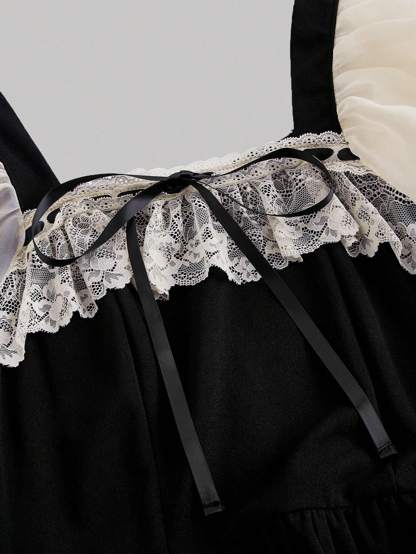  | SHEIN MOD Black And Apricot Palace Lace Vintage Bow Puff Sleeve Long Dress | Dress | Shein | OneHub