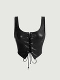 SHEIN MOD Black Crossed Frenulum Lace Up Front PU Leather Tank Top