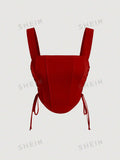  | SHEIN MOD Lace Up Side Fish Bone Decoration Curved Hem Wide Straps Red Top | Tee | Shein | OneHub