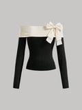 SHEIN MOD Night Outfit Color Block Bow Decorated Off Shoulder T-Shirt