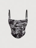SHEIN MOD Ruched Front Vintage Print Autumn Retro Cami Top