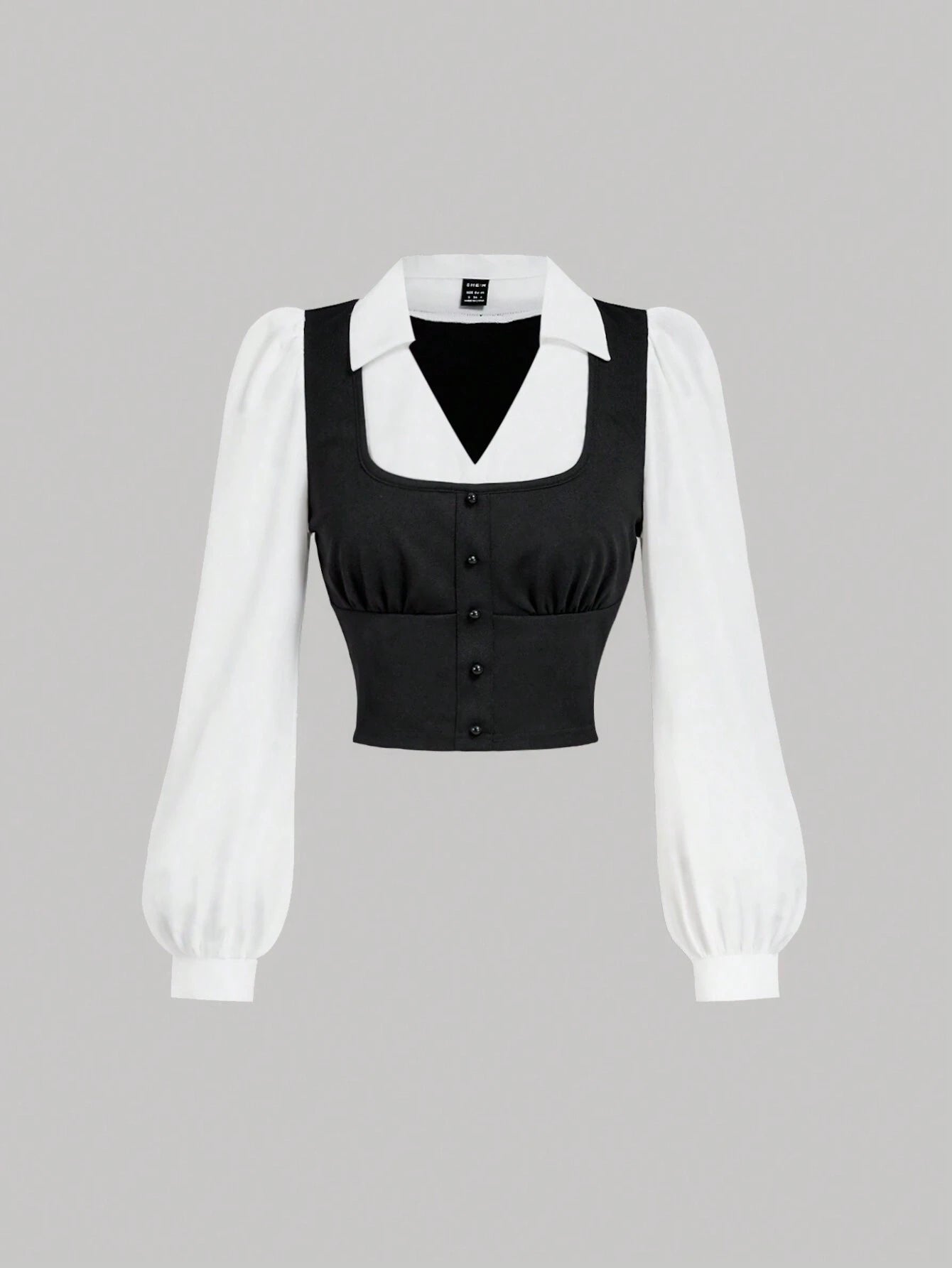  | SHEIN MOD Turndown Collar Long Sleeve Contrast Color Chest Ruched Black & White Contrast Color Shirt | Tee | Shein | OneHub