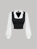  | SHEIN MOD Turndown Collar Long Sleeve Contrast Color Chest Ruched Black & White Contrast Color Shirt | Tee | Shein | OneHub