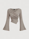 SHEIN MOD Women's Apricot V-Neck Bell Sleeve T-Shirt