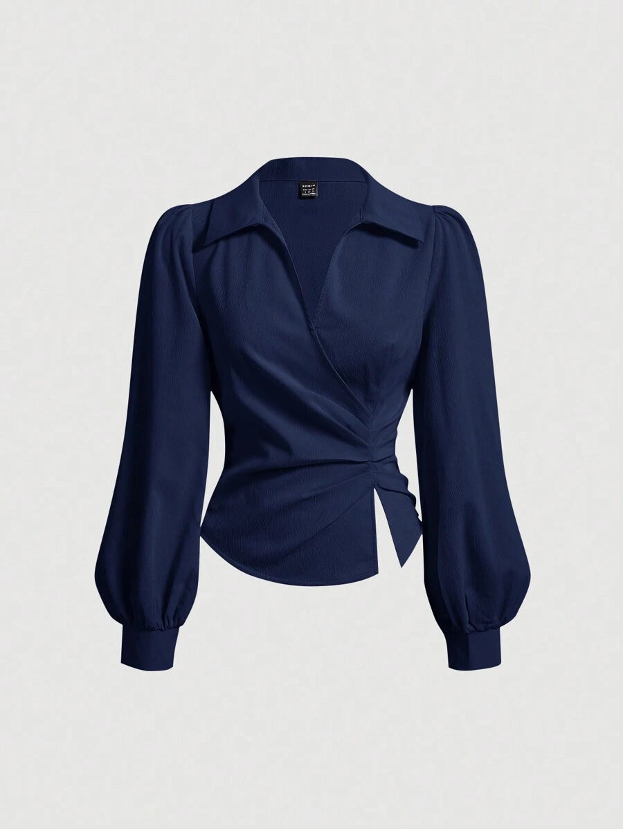  | SHEIN MOD Women's Elegant Solid Color Lantern Sleeve Pleated Slit Hem Blouse | Blouse | Shein | OneHub