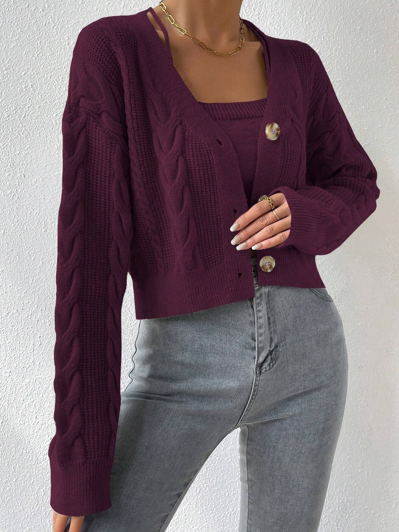  | SHEIN MOOSTA Cable Knit Drop Shoulder Cardigan & Cami Knit Top | Sweater | Shein | OneHub