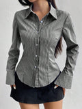 SHEIN MOOSTA Ladies' Solid Color Slim Fit Striped Long Sleeve Shirt,Long Sleeve Tops