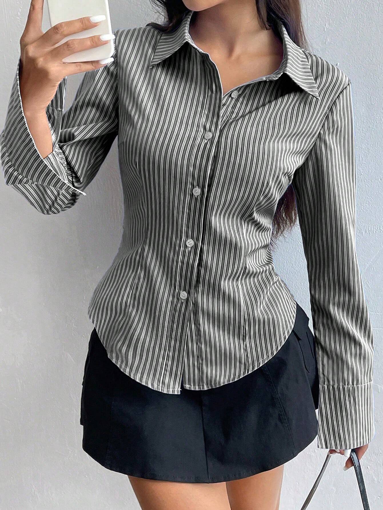 | SHEIN MOOSTA Ladies' Solid Color Slim Fit Striped Long Sleeve Shirt,Long Sleeve Tops | Top | Shein | OneHub