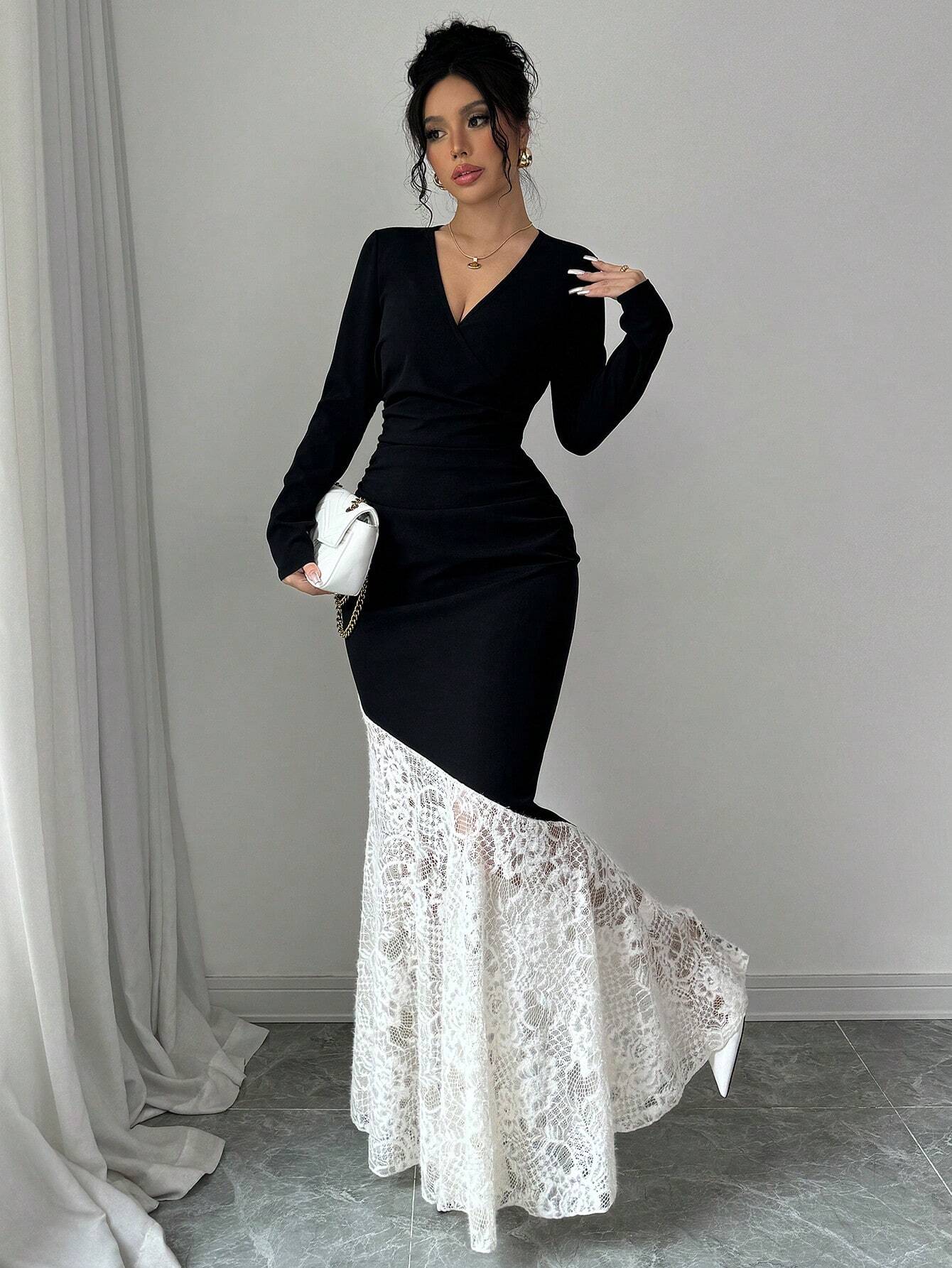 SHEIN Modely 1pc Women Elegant Knitted Black Contrast Lace Cinched Wai | Dress SHEIN Modely 1pc Women Elegant Knitted Black Contrast Lace Cinched Wai | Dress
