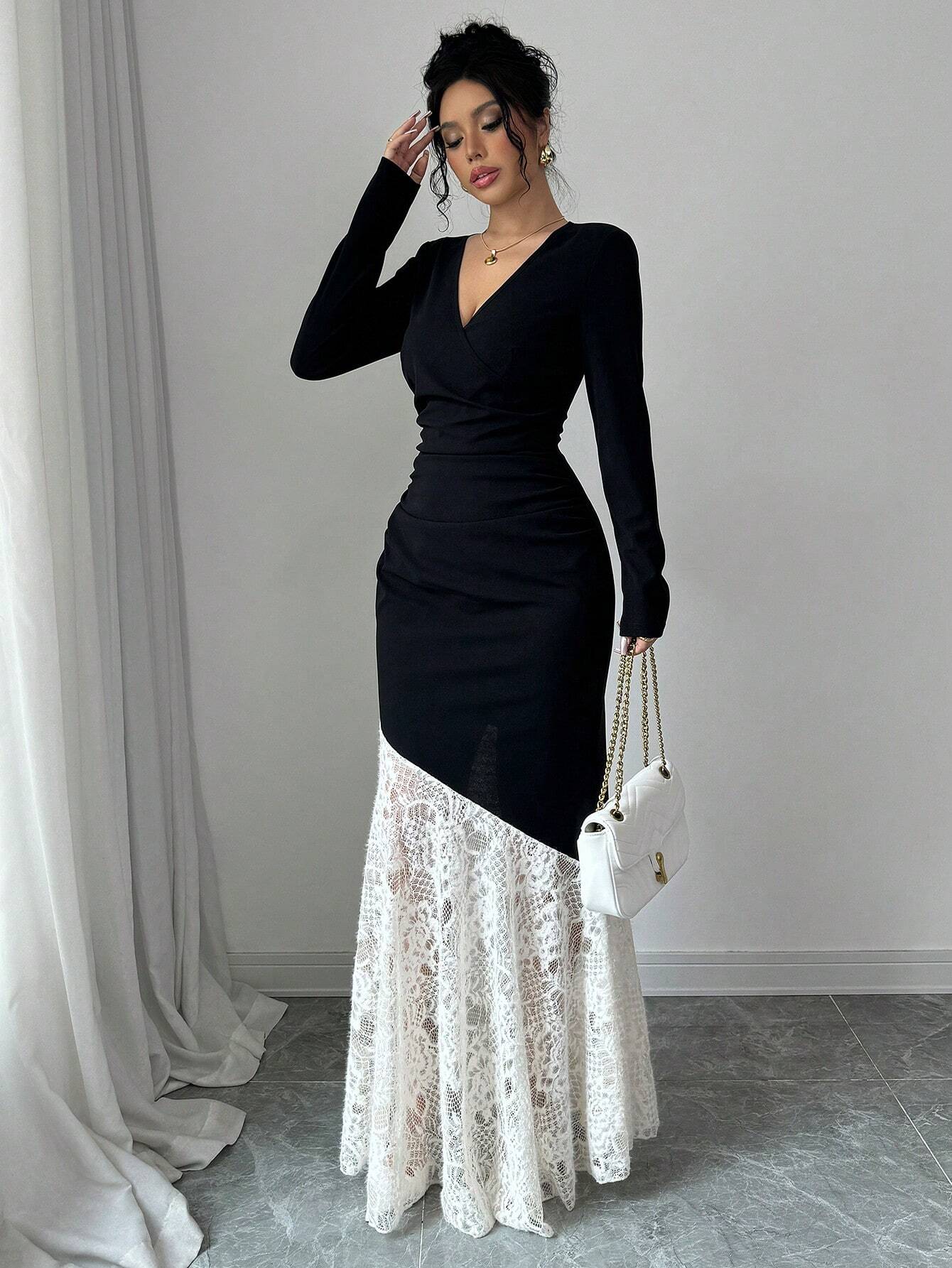 SHEIN Modely 1pc Women Elegant Knitted Black Contrast Lace Cinched Wai | Dress | OneHub SHEIN Modely 1pc Women Elegant Knitted Black Contrast Lace Cinched Wai | Dress | OneHub