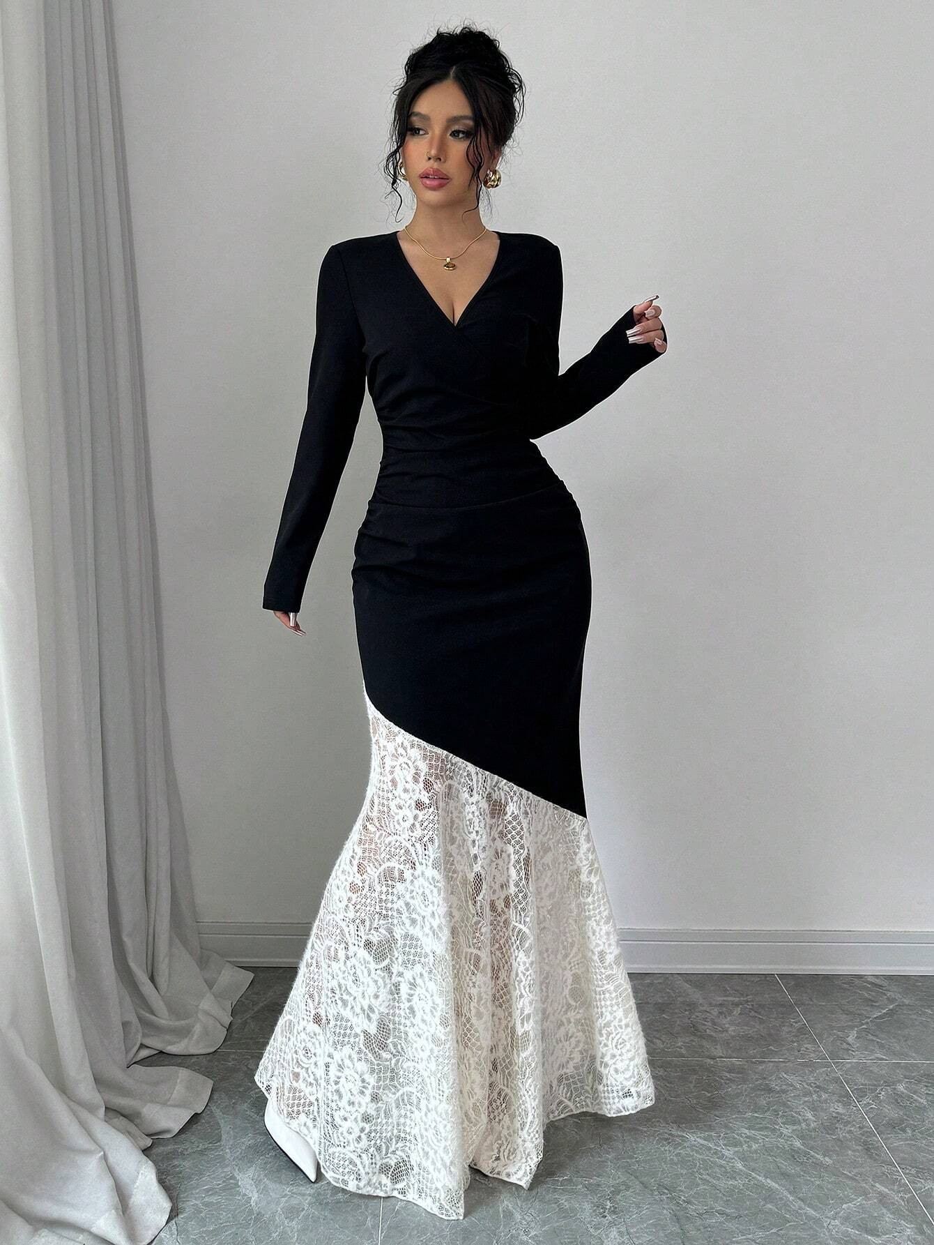blue dress for baby girl SHEIN Modely 1pc Women Elegant Knitted Black Contrast Lace Cinched Wai | Dress blue dress for baby girl SHEIN Modely 1pc Women Elegant Knitted Black Contrast Lace Cinched Wai | Dress