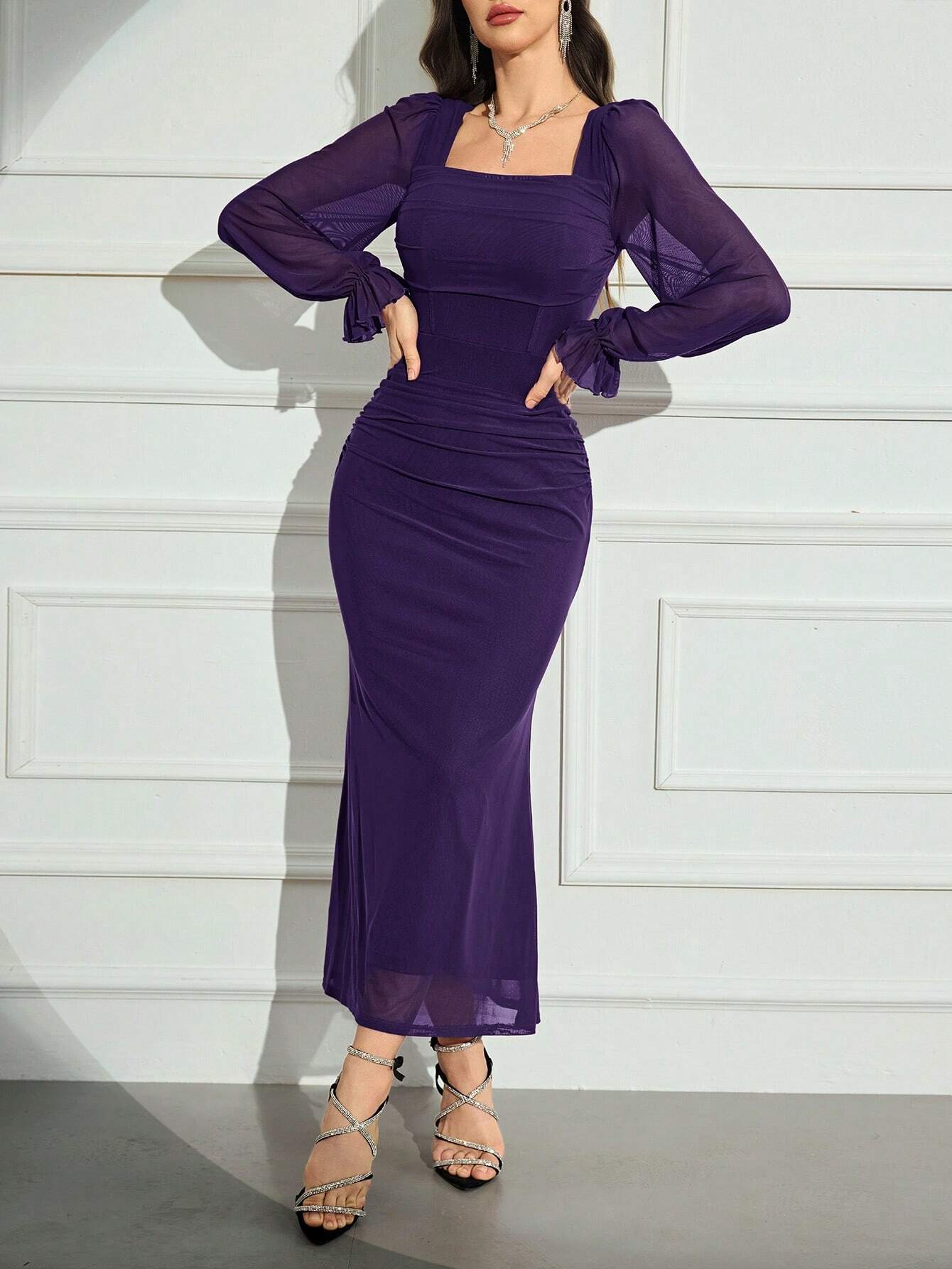 shein purple dress long sleeve Modelyn Ladies' Elegant Purple Long Sleeve Dress
