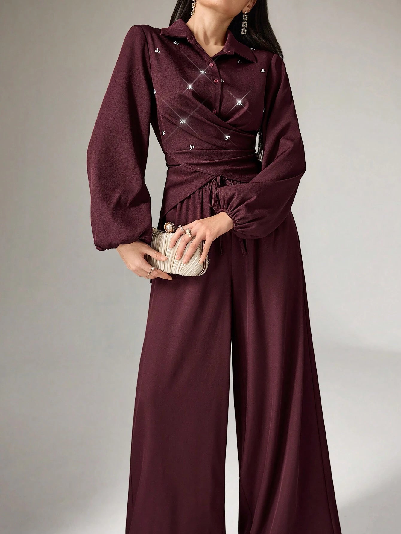  | SHEIN Modely 2pcs Women's Solid Color Front Button Crystal Decor Pleated Crossover Wrap Long Sleeve Top And Pants Elegant Set 2 Piece Set | Top and Pant Set | Shein | OneHub