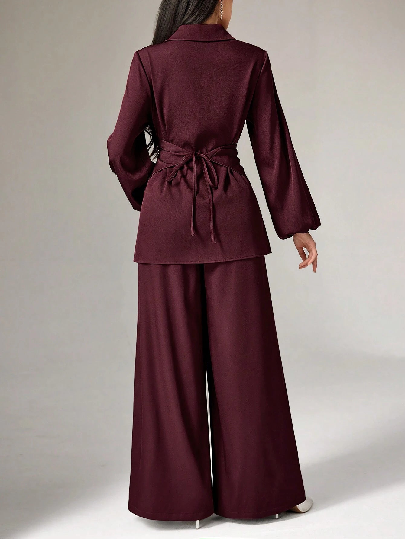  | SHEIN Modely 2pcs Women's Solid Color Front Button Crystal Decor Pleated Crossover Wrap Long Sleeve Top And Pants Elegant Set 2 Piece Set | Top and Pant Set | Shein | OneHub